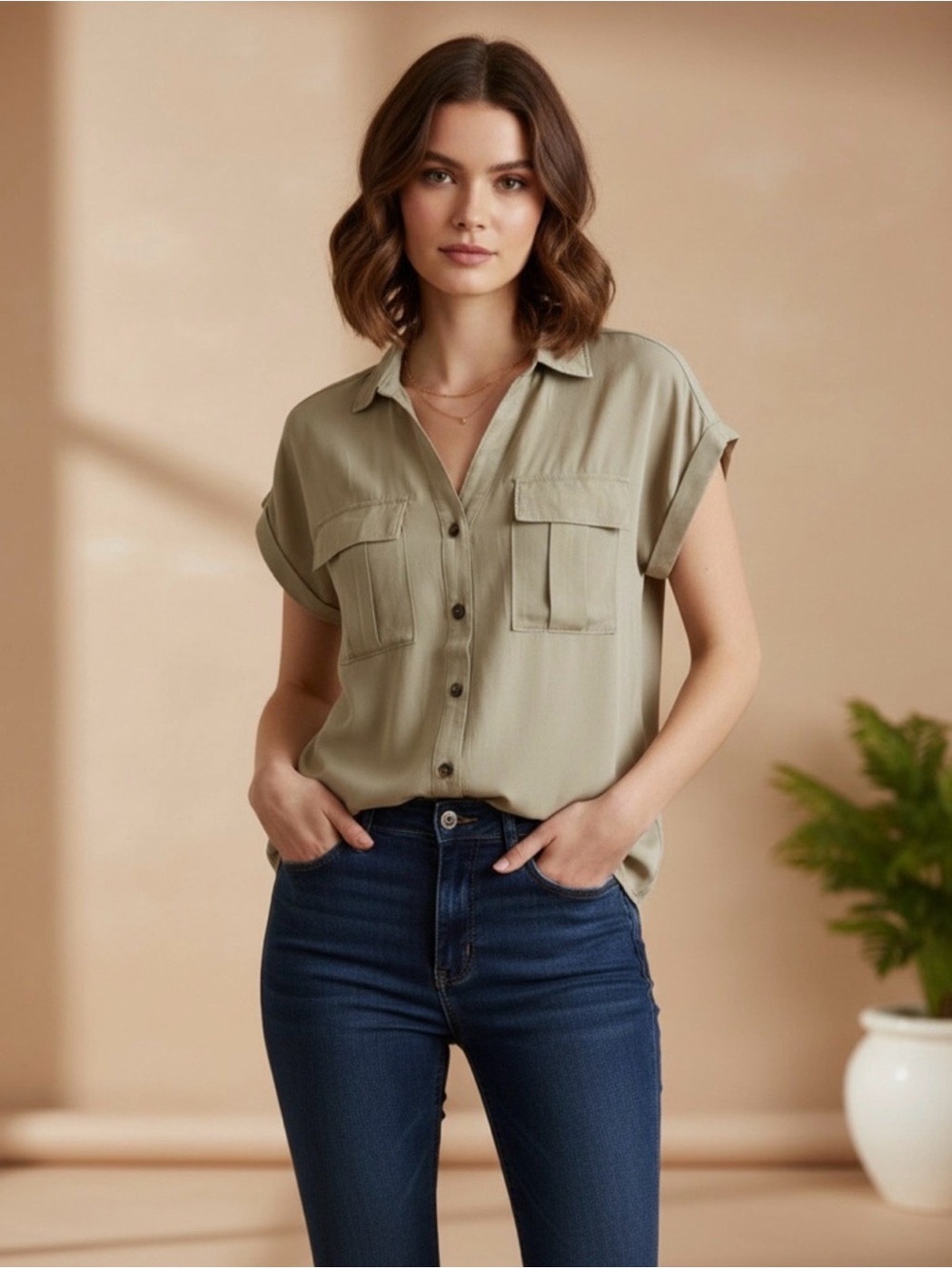 Zenana Relaxed fit Short-Sleeve Shirt - Beige - Picture 2 of 7